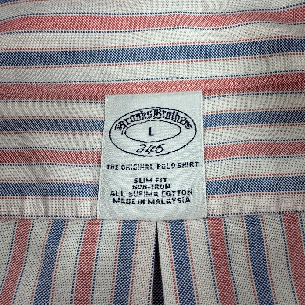 Brooks Brothers 346 Oxford Shirt Mens Large Red Blue Stripe Slim Fit Non Iron - Picture 4 of 8